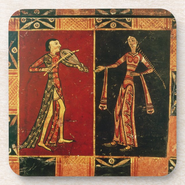 Detail from a wedding chest depicting a musician a beverage coaster (Front)