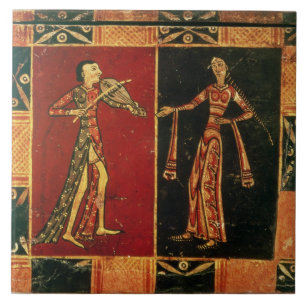 Detail from a wedding chest depicting a musician a ceramic tile