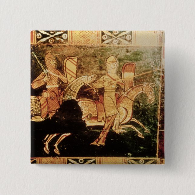 Detail from a wedding chest depicting soldiers goi pinback button (Front)