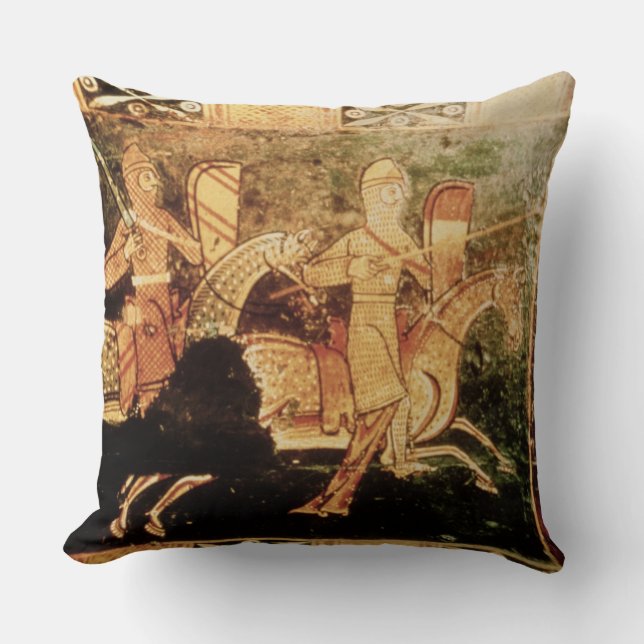 Detail from a wedding chest depicting soldiers goi throw pillow (Front)