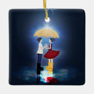 Detail from "Lovestruck" Couple Sharing Umbrella Ceramic Ornament