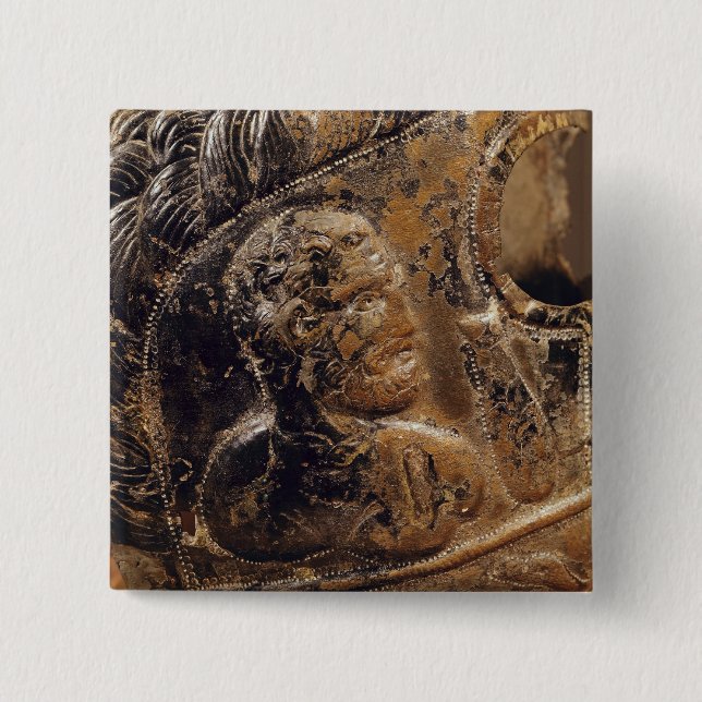 Detail of a gladiator's mask pinback button (Front)