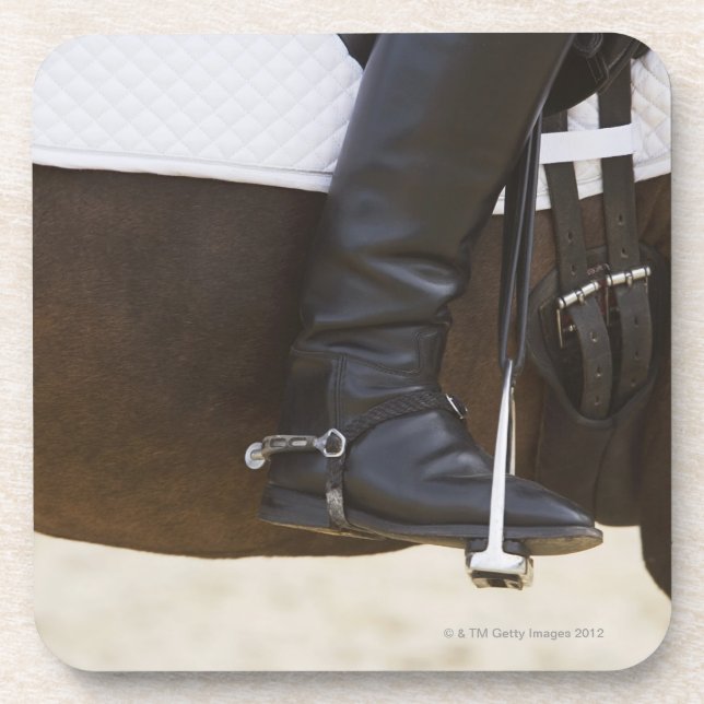 detail of female dressage rider on horse beverage coaster (Front)