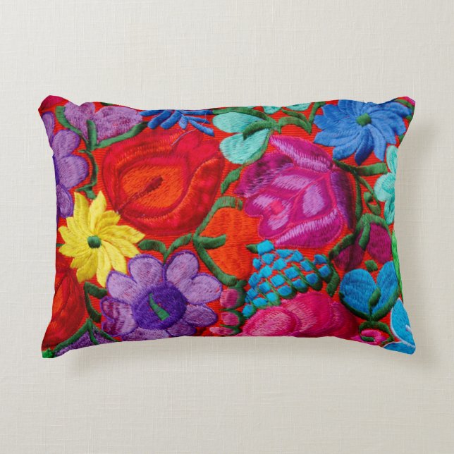 Detail of traditional embroidery floral textile accent pillow (Front)