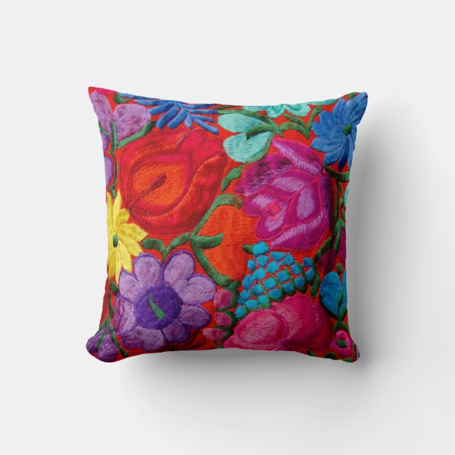 Detail of traditional embroidery floral textile throw pillow (Front)