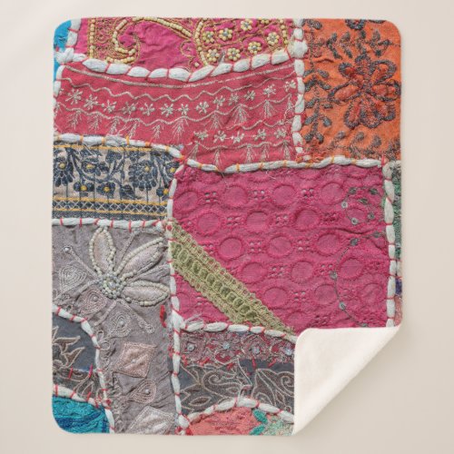 Detail old colorful patchwork carpet India Close Sherpa Blanket