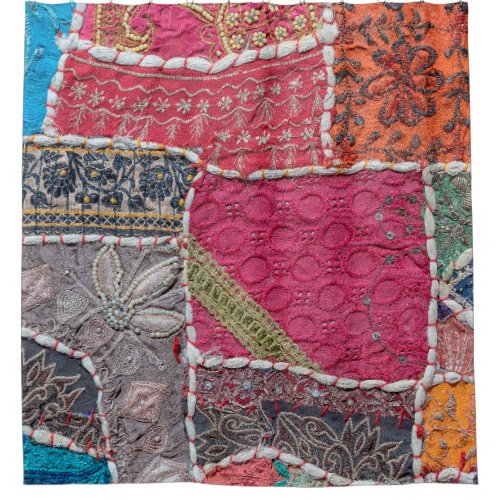 Detail old colorful patchwork carpet India Close Shower Curtain