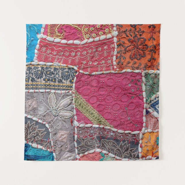 Detail old colorful patchwork carpet, India. Close Tapestry (Front)