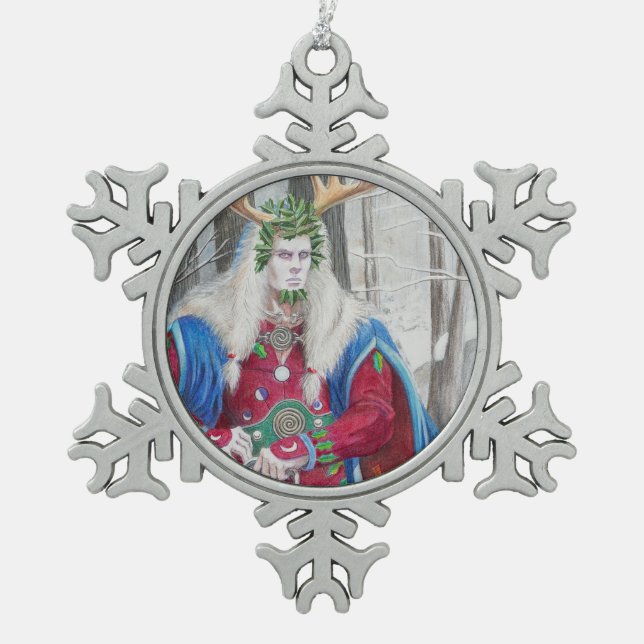 Detail Portrait of the Celtic Holly King Snowflake Pewter Christmas Ornament (Front)