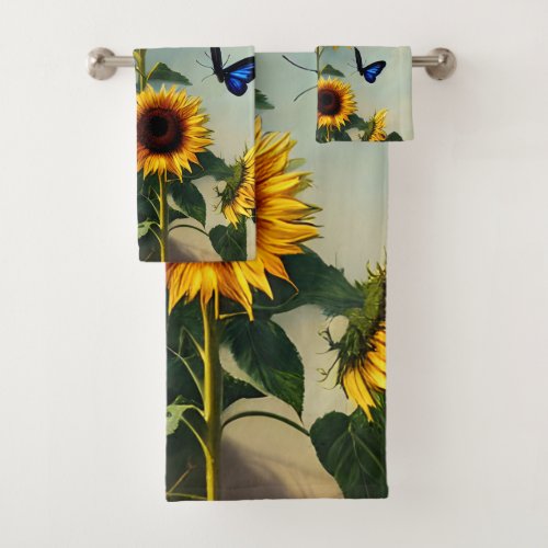 Detail Realistic Sunflowers and Butterflies Bath Towel Set