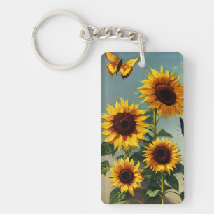 Detail Realistic Sunflowers and Butterflies Keychain