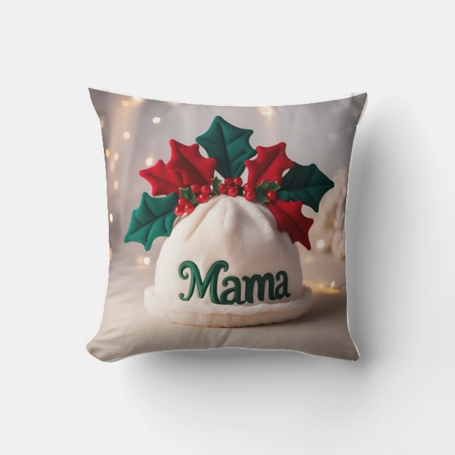 Detailed 3D Baby Hat, Holly, Subtle "Mama" Throw Pillow (Front)