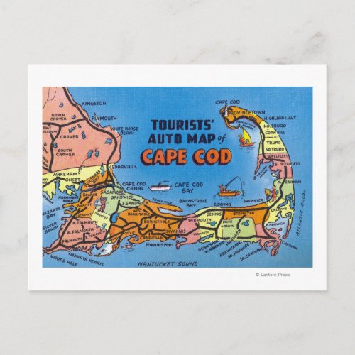 Detailed Auto Map of Cape Cod Postcard