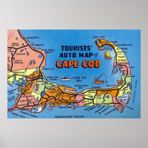 Detailed Auto Map of Cape Cod Poster