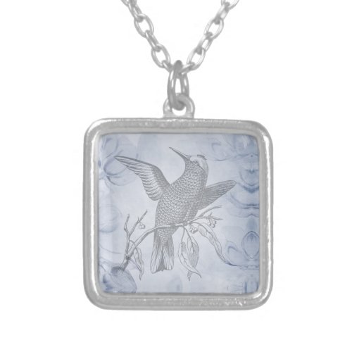 Detailed Bird Line Drawing Art Pastel Blue Silver Plated Necklace