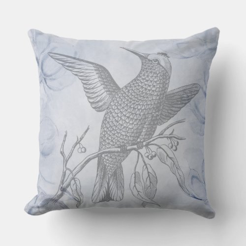 Detailed Bird Line Drawing Art Pastel Blue Throw Pillow