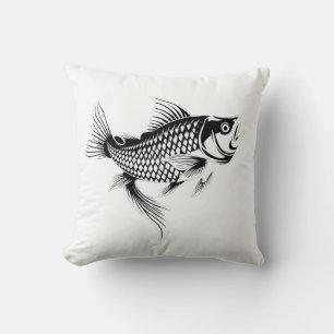 Detailed Black and White Fish Illustration Throw Pillow