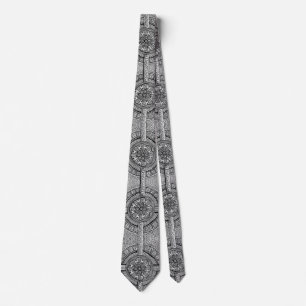 Detailed Black and White Floral Rosette Mandala Neck Tie