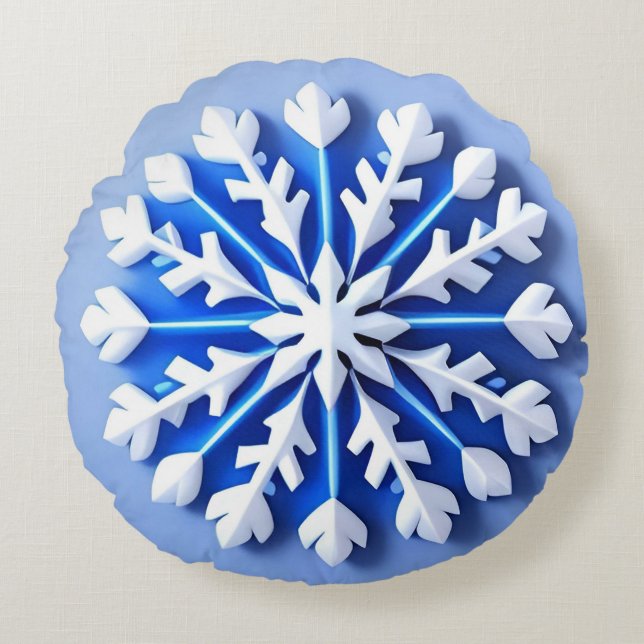 Detailed Blue Snowflake Round Pillow (Front)