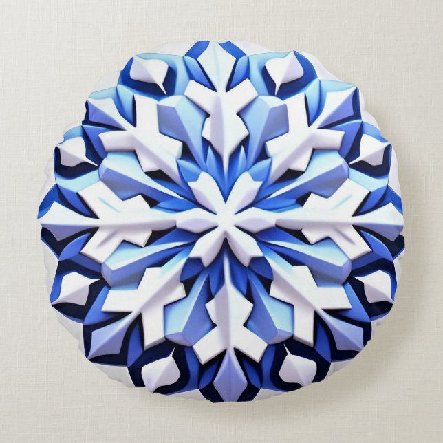 Detailed Blue Snowflake Round Pillow (Front)