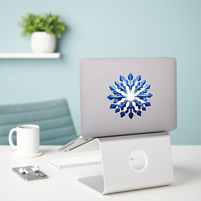 Detailed Blue Snowflake Sticker (Laptop On Desk)
