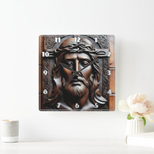 Detailed Carving of Jesus on a Stone Background Square Wall Clock