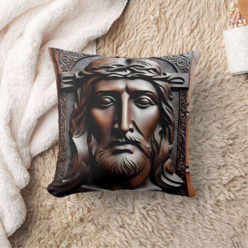 Detailed Carving of Jesus on a Stone Background Throw Pillow