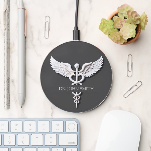 Detailed Clean White Medical Caduceus Anthracite Wireless Charger (Desk)