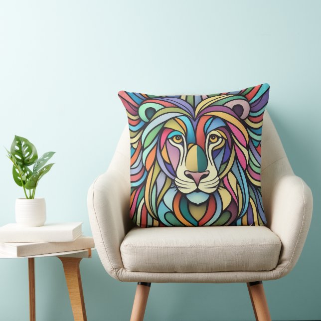 Detailed Colorful Lion Head Throw Pillow (Chair)
