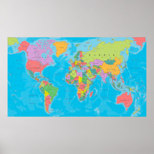 Detailed colorful political world map poster