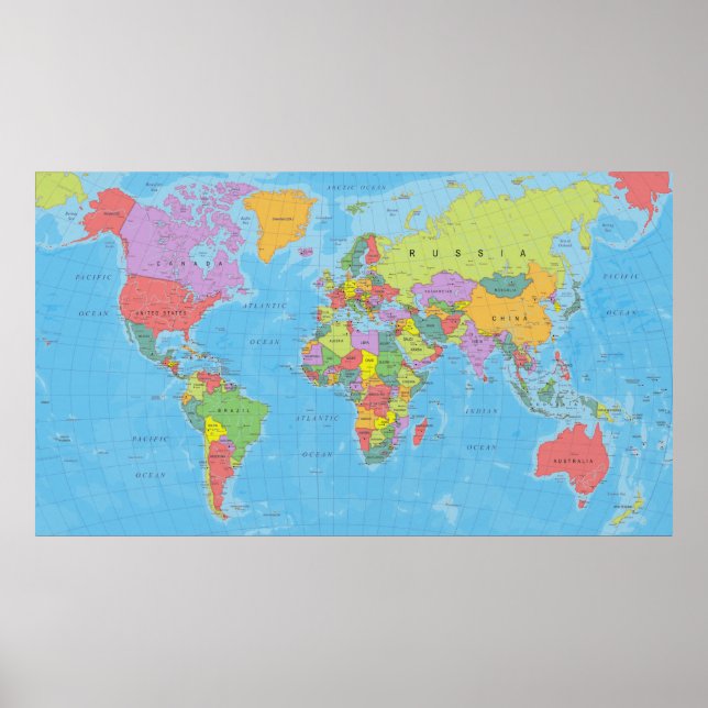 Detailed colorful political world map poster (Front)