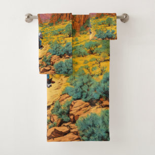 Detailed Cowboy Art Copper Canyon Scene Bath Towel Set