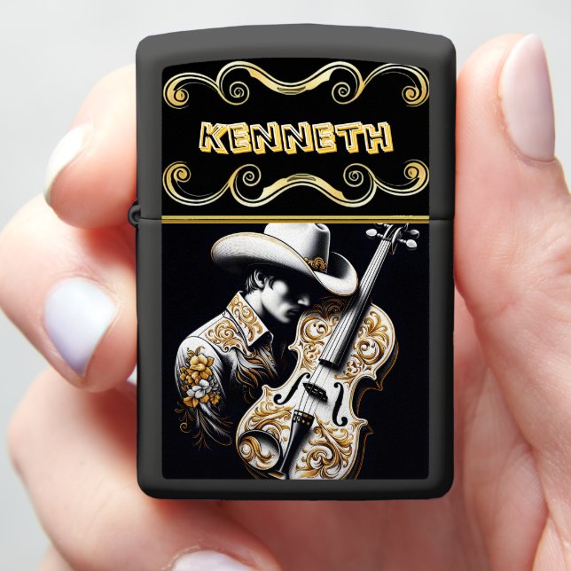 Detailed Cowboy Engraving on Musical Masterpiece Zippo Lighter (In Hand)
