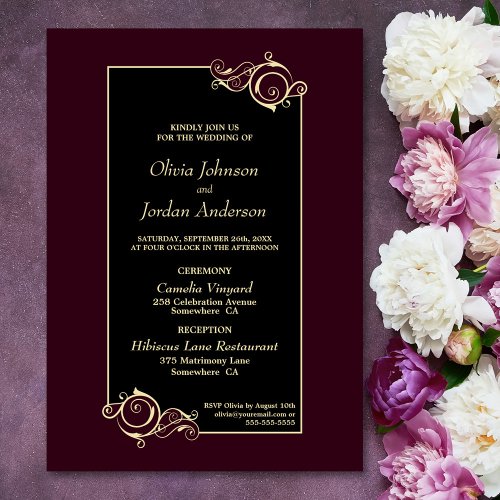 Detailed Elegant Black Burgundy Gold Wedding Invitation