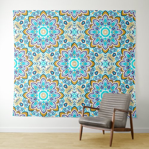 Detailed ethnic geometric colorful pattern tapestry
