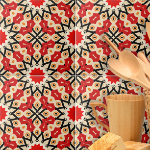 Detailed Ethnic Red Arabesque Geometric Pattern Ceramic Tile