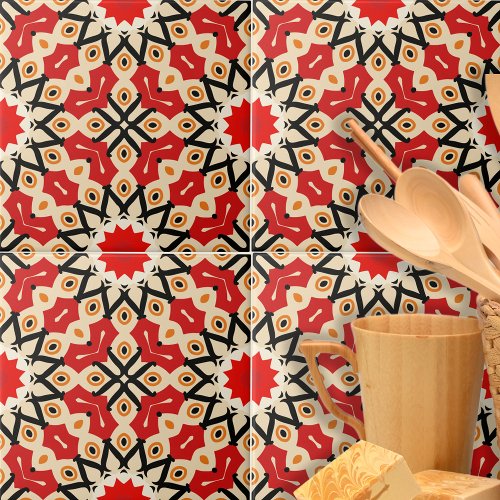 Detailed Ethnic Red Arabesque Geometric Pattern Ceramic Tile