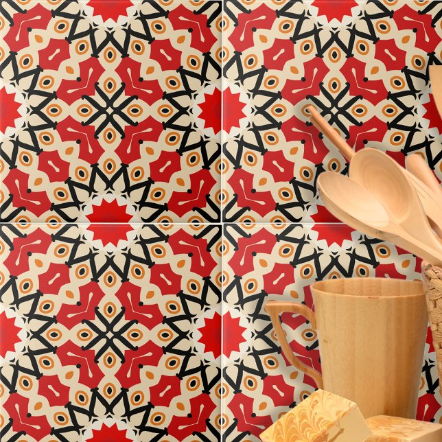 Detailed Ethnic Red Arabesque Geometric Pattern Ceramic Tile (Creator Uploaded)