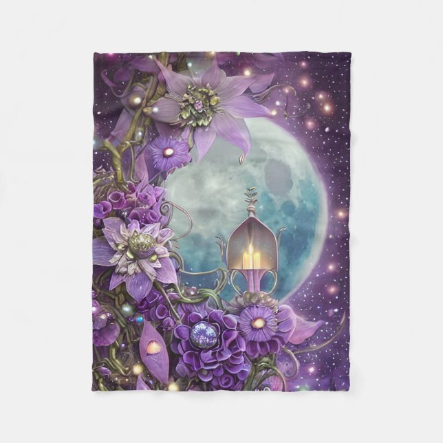 Detailed Fantasy Purple Moon Flower  Fleece Blanket (Front)