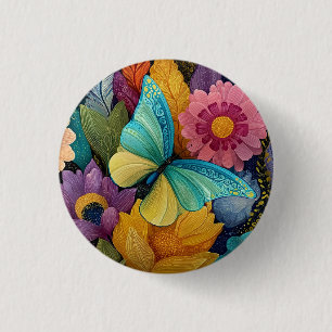 Detailed Floral and Butterfly Illustration Button