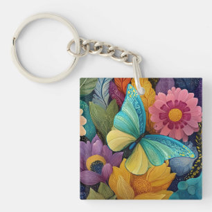 Detailed Floral and Butterfly Illustration Keychain