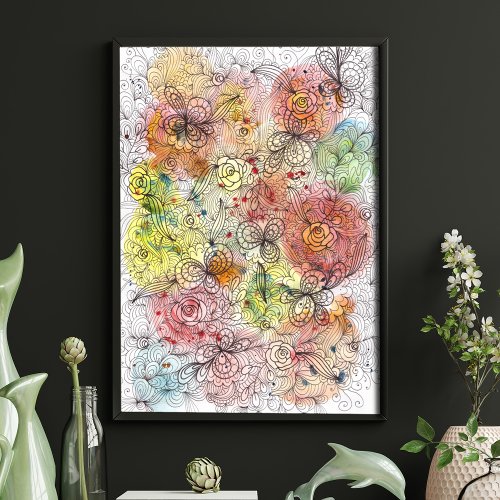 Detailed Floral Doodle Artwork on Watercolor Ombre Poster