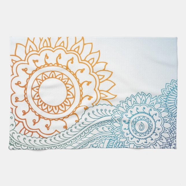 Detailed henna abstract sunrise kitchen towel (Horizontal)