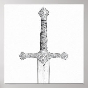 Detailed Knight's Gauntlet and Sword Grip Coloring Poster