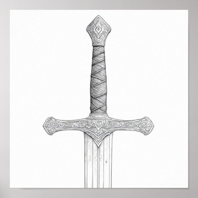 Detailed Knight's Gauntlet and Sword Grip Coloring Poster (Front)