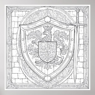 Detailed Knight's Heraldic Shield Coloring Page Poster