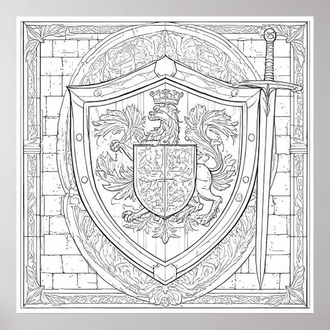 Detailed Knight's Heraldic Shield Coloring Page Poster (Front)