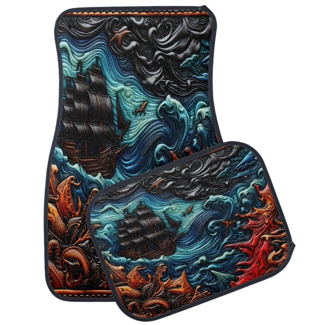 Detailed Leather Art Depicting a Ship at Sea Car Floor Mat (Set)