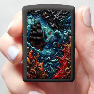 Detailed Leather Art Depicting a Ship at Sea Zippo Lighter