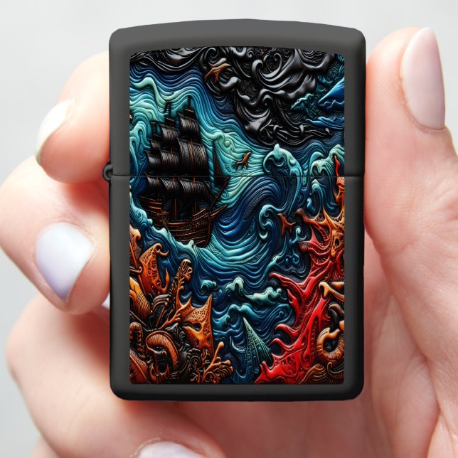 Detailed Leather Art Depicting a Ship at Sea Zippo Lighter (In Hand)